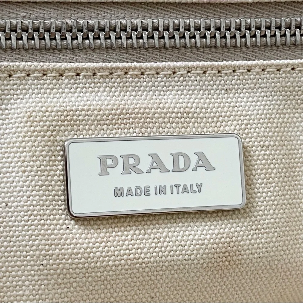 Prada Canapa canvas and orange leather button detail satchel bag